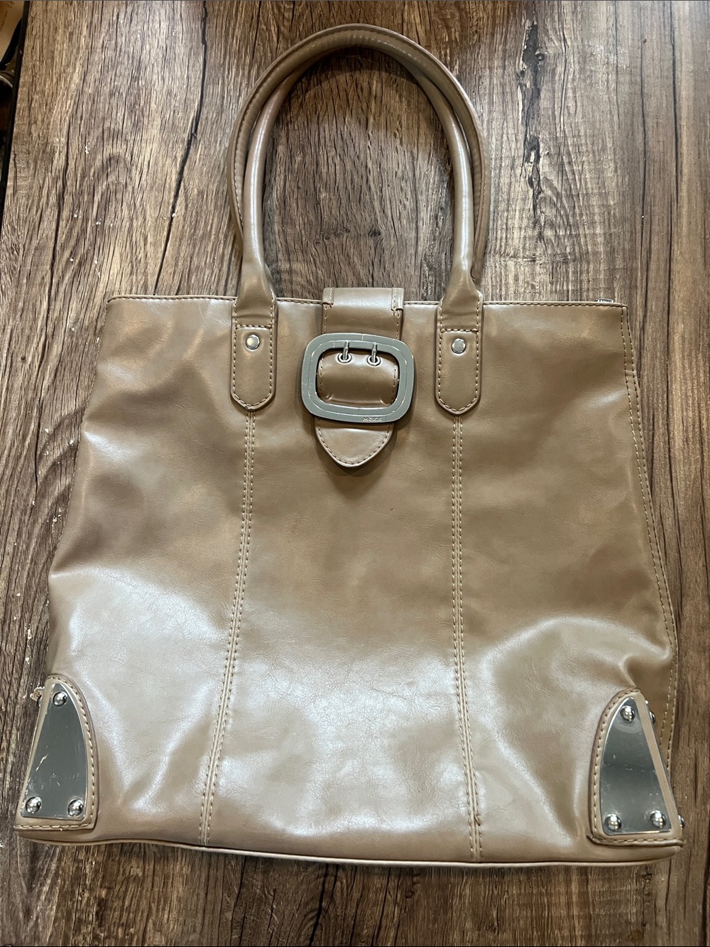 Mexx Y2K Taupe Beige Structured Shoulder Bag Metal Corner Accent Tote